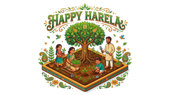 A happy Harela celebration depicts a family planting a tree together in a vibrant garden setting