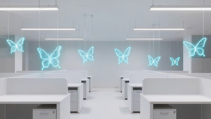 Fototapeta premium Office workspace cubicle desk butterfly neon light modern interior white minimalist empty open plan ceiling lamp partition