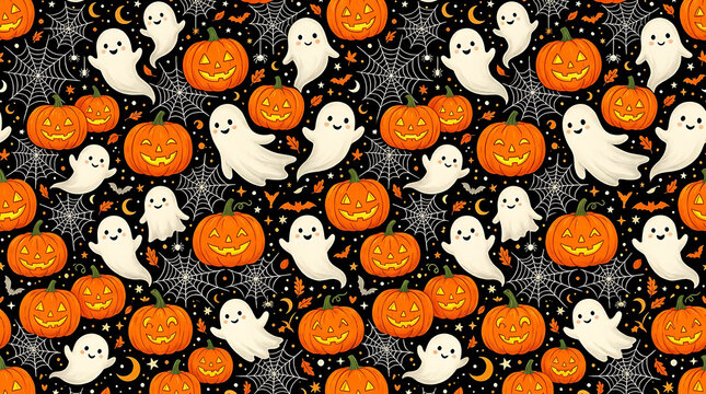 Cute halloween pumpkins and ghosts pattern