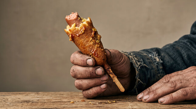 Dirty Hands Holding a Half-Eaten Corn Dog Symbolizing Hunger and Poverty