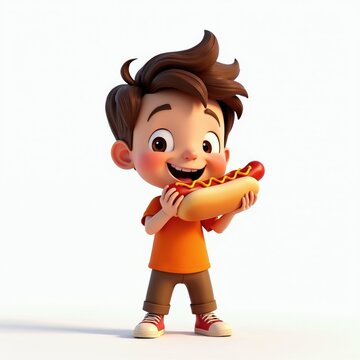Happy boy with brown hair holds hot dog with mustard. Smiling cartoon character stands isolated on white background. Cute kid enjoys snack meal during lunch break. Small guy eats fast food sandwich