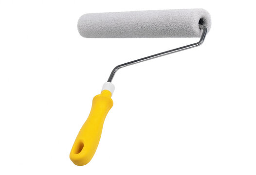 Paint roller with yellow handle isolated on white background renovation painting improvement construction