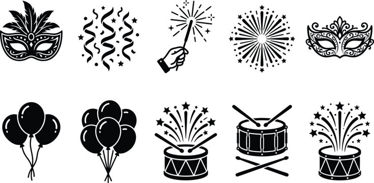 Carnival party celebration icons set, 10 black vector elements for festival events, masquerade masks and fireworks graphics, festive balloon and drum symbols