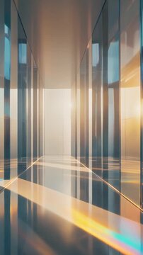 Crystal-clear glass panel corridor, warm side sunlight creating evolving reflections, refractions, spectral color fringes across polished floor, minimalist luxury architectural visualization.
