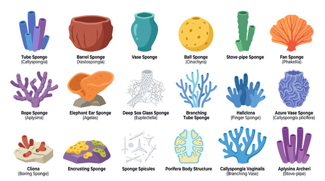 Flat Design Vector Illustration of Various Sponge Types