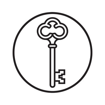 A simple, clean line art illustration of an antique key inside a circle.