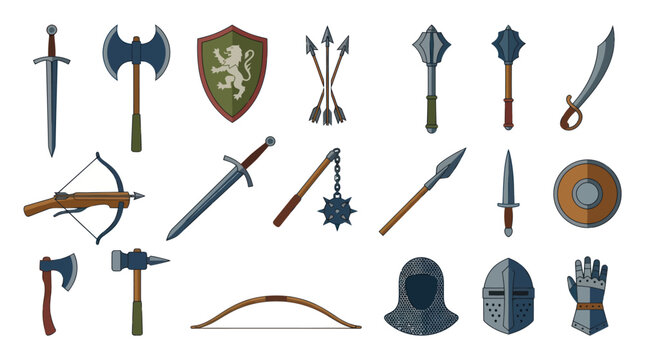 Flat Design Medieval Warfare Weapons and Armor Vector Icon Set for Historical Combat and Fantasy RPG