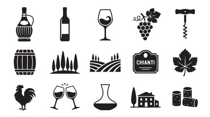 Obraz premium Wine, vineyard, icons set, 15 black vector graphics, wine industry, wine bottles, wine glasses