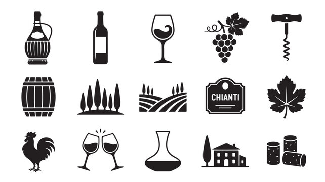 Wine, vineyard, icons set, 15 black vector graphics, wine industry, wine bottles, wine glasses