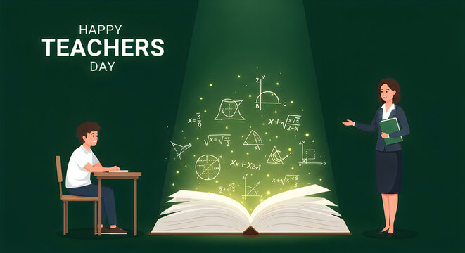 Happy teachers day illustration with students learning mathematics and open book vector