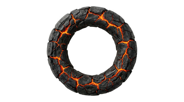 Lava ring isolated on white background. Burning volcanic rock circle with glowing magma texture.