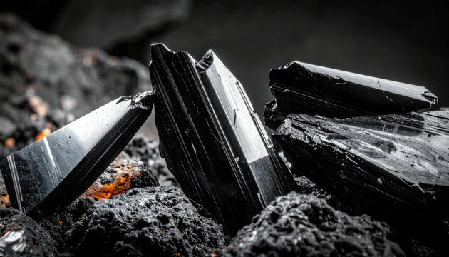 Close-up macro view of multifaceted black tourmaline crystal fragments embedded in rough textured rock
