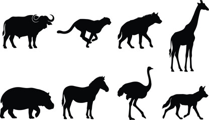 African safari animals icons set featuring black silhouettes of savanna wildlife isolated on a white background © bijoy