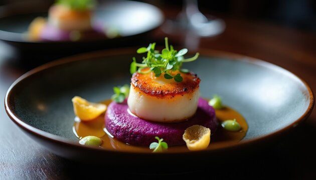 Gourmet scallop dish artfully arranged on purple puree with vibrant sauce. Microgreens garnish this fine dining plate, showcasing modern culinary skill. A deconstructed appetizer.