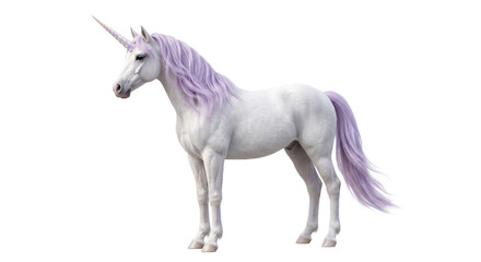 Majestic white unicorn with flowing purple mane and tail stands gracefully © Sapphire