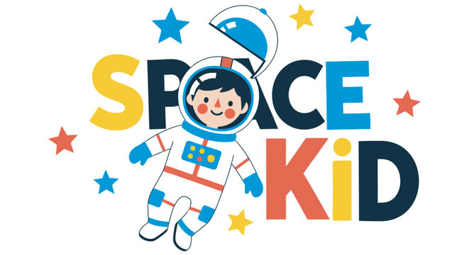 Astronaut illustration with stars and text colorful vector graphic on white background