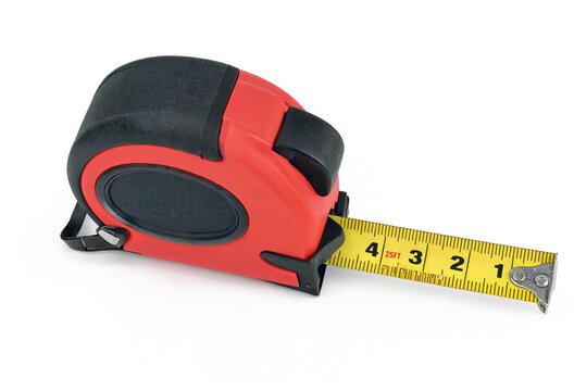 Red and black retractable measuring tape with construction distance precision equipment carpentry hardware