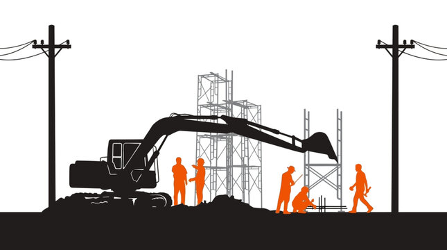Silhouette of construction site with excavator, scaffold, power poles, and orange workers