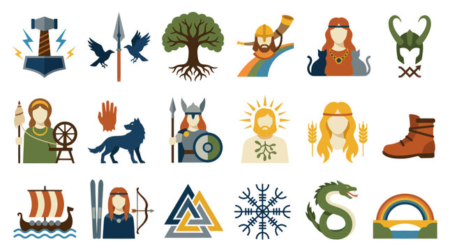 Viking Symbols Icons Set - Norse Mythology Flat Design Vector Art