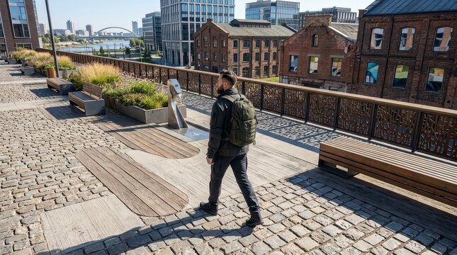 Man with backpack walking on a stone pathway