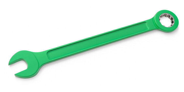 Green painted combination wrench spanning tool isolated on plain white background with maintenance, workshop