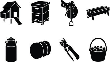 Farming and animal husbandry equipment icons set featuring black silhouettes of agricultural tools isolated on white background © bijoy