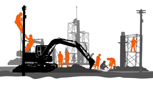 Construction Site Scene with Excavator, Scaffolding, and Workers Silhouette