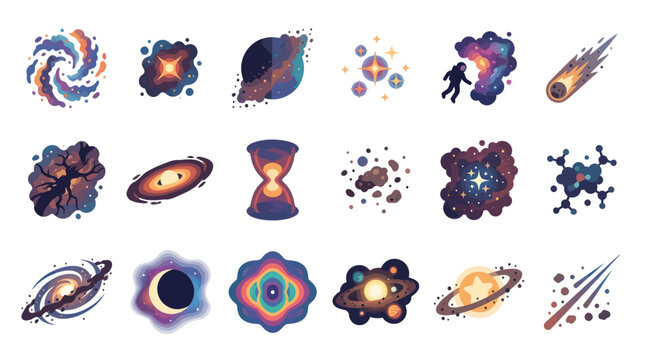 Space  Astronomy Vector Icons: Galaxies, Planets, Astronaut, Comet, Hourglass, Stars