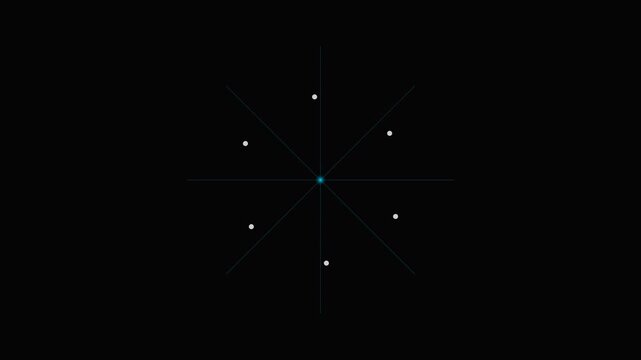 A glowing blue center point with six white dots connected by thin lines