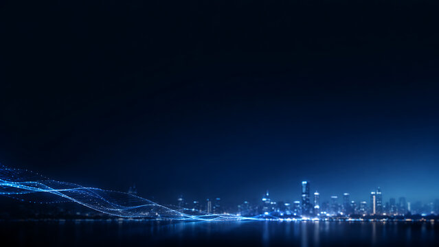 Abstract Digital Flow Lines Over a Blurred Modern City Skyline at Night for Tech Backgrounds
