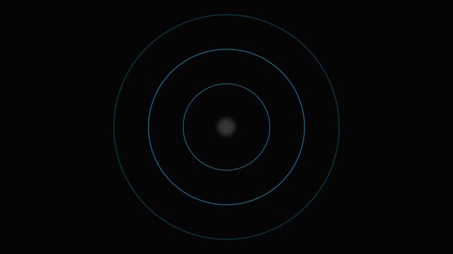 Minimalist graphic design featuring concentric blue rings on black background