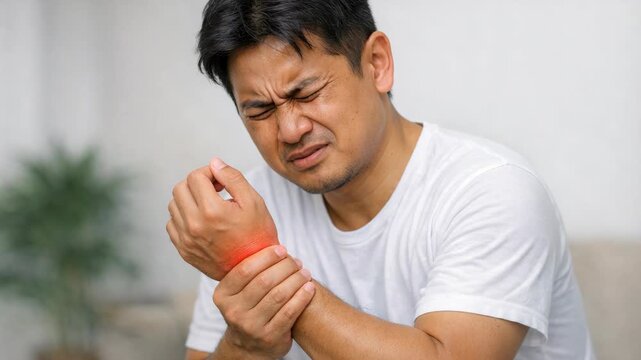A man with a red bandage on his arm, grimacing and in distress.