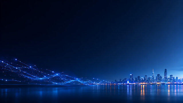 Futuristic Blue Digital Smart City Skyline with Glowing Data Network Trails at Night