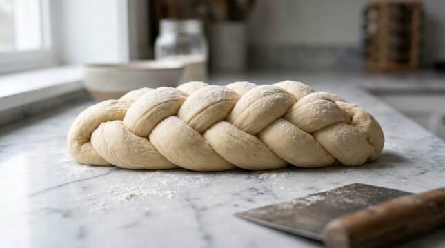 Braided challah dough on marble countertop