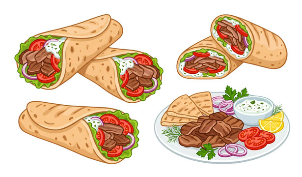 Greek gyros wrapped in pita bread with tzatziki sauce vector illustration isolated on white background