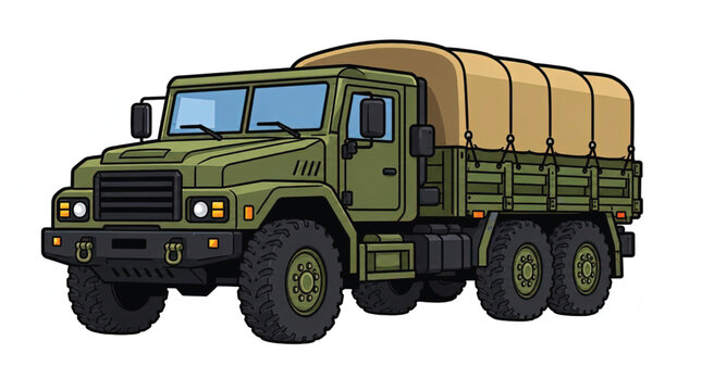 Stylized Vector Illustration of a Green Military Supply Truck Front End with Large Tire and Tow Hook