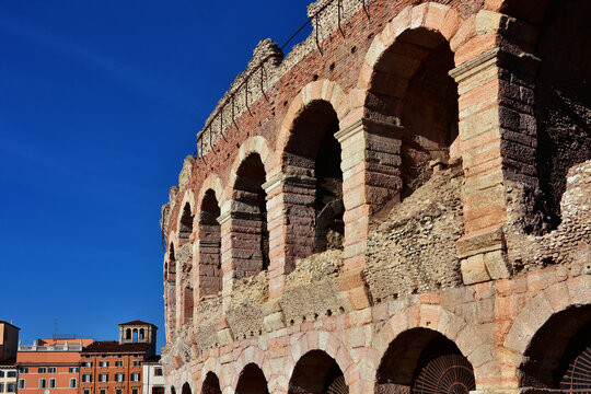 Ancient roman architecture. Verona Arena monumental arches ruins, in the city historic center