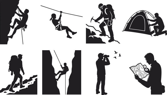 Outdoor adventure and mountain hiking vector silhouettes set featuring rock climbing ziplining mountaineering camping trekking rappelling and navigation.