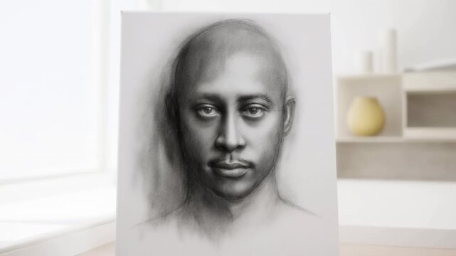 Portrait sketch unfolding on canvas in bright minimalist studio, showing visible shift from faint outline toward detailed pencil rendering with shaded face, eyes, nose, mouth, neck and soft texture