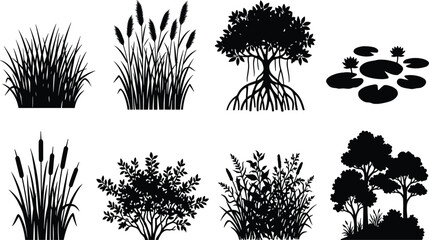 Swamp and wetland plants icons set featuring black silhouettes of marsh vegetation isolated on a white background © bijoy