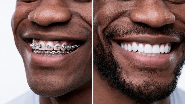 Before and After Orthodontic Treatment Showing Braces Removal and Perfect Smile of Smiling Black Man