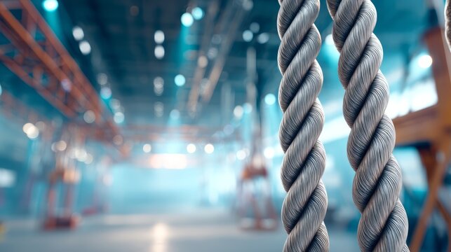 Close up of steel wire rope cable strands in a large modern industrial factory