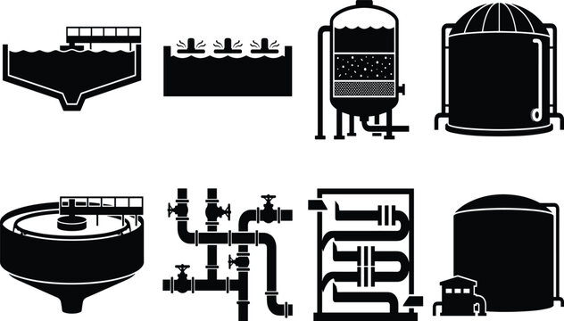 Wastewater treatment and industrial water purification system icons set featuring black silhouettes of processing gear isolated on white background