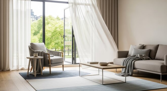 Modern living room interior with sunlight curtains sofa and chair
