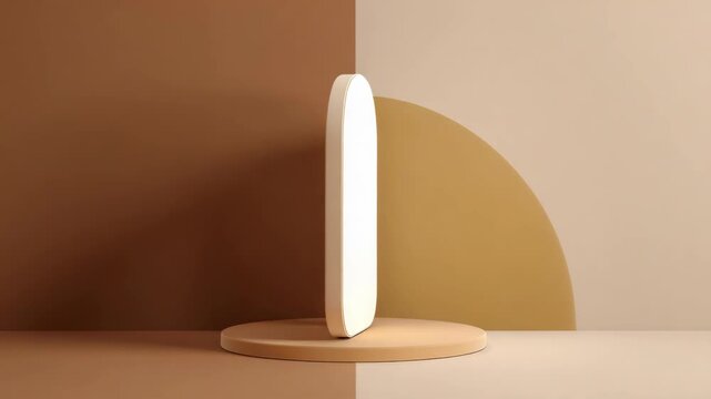 A sleek and contemporary floor lamp in a light beige color with a subtle curve at the bottom. The lamp features an illuminated square top design that casts a warm glow.