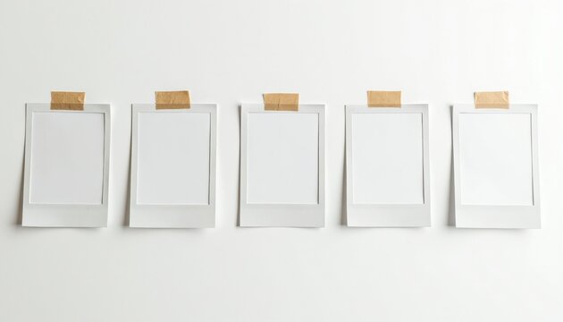 Five empty photo frames hang on a white wall, secured with tape. These blank frames offer space for memories, art, or creative display. Suitable for personal or pro use.