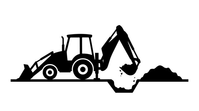 IconaStudio vector illustration of a solid black silhouette of a backhoe loader performing industrial excavation work by digging a trench in the soil