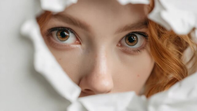 Close-up portrait of an individual peeking through a hole in paper.