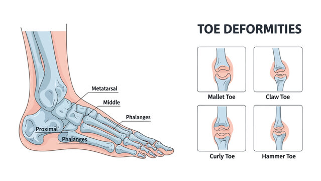 Human Foot Anatomy and Toe Deformities Diagram with labeled skeletal structure and joint comparisons ideal for medical education and podiatry clinics.
