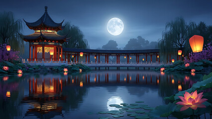 Obraz premium Traditional Chinese Pavilion and Glowing Lanterns Reflecting on a Calm Lake Under the Full Moon at Night